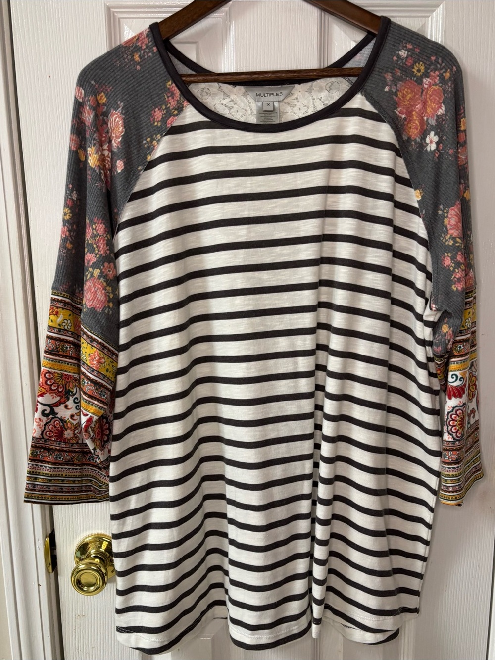 Multiples White & Gray Striped Raglan Tunic with Floral Patchwork Sleeves
